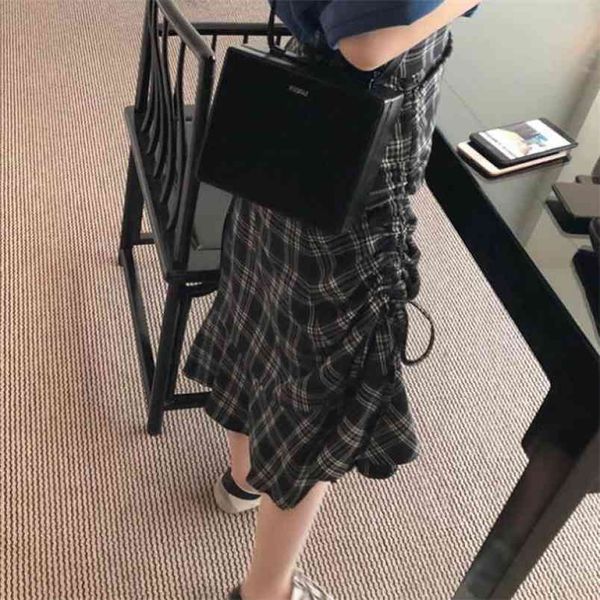 

spring & autumn high waist slimming simple plaid casual all-match women irregular fishtail skirt 210527, Black