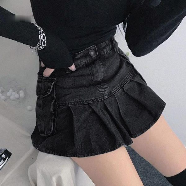

skirts women dark academia fashion goth black high waist skirt 90s korean pockets vintage pleated jeans