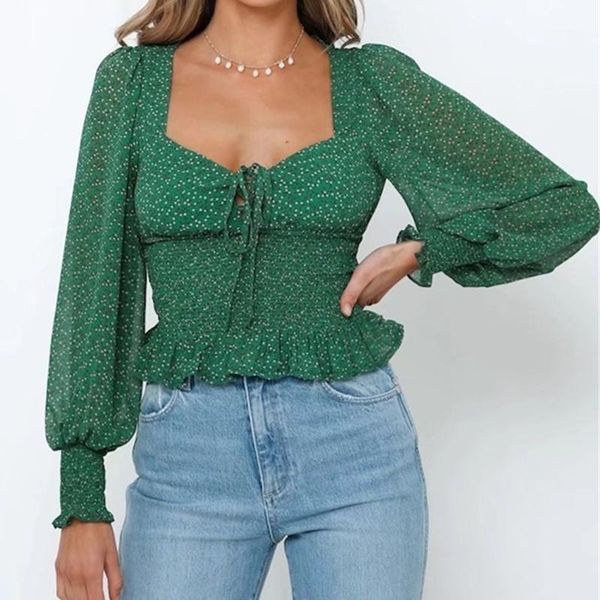 

france style puff sleeve green floral print tie bow square collar ruched elastic waist crop shirt women short blouse women's blouses &, White