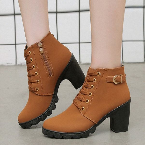 

rimocy ladies 8cm high heels leather ankle boots for women 2019 autumn winter buckle square heeled platform botas shoes woman 91um#, Black