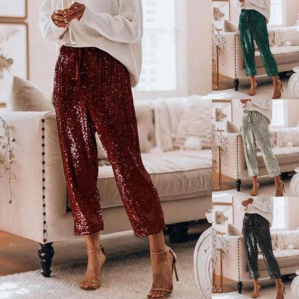 

women's pants & capris women loose elegant sequined glitter shiny trousers high waist ankle-length stretch drawstring straight, Black;white