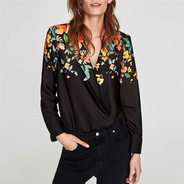

2021 new vintage v neck floral pattern black bodysuit crossover design loose long sleeve playsuit casual chic retro blusas o18k