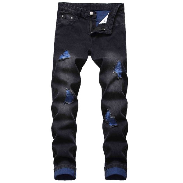 

fashion jeans men's straight slim hole color yarn pants, Blue