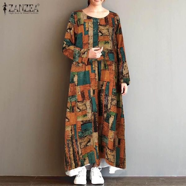 

casual dresses female o neck loose vestidos -5xl womens autumn long dress zanzea cotton linen robe femme vintage floral printed kaftan, Black;gray