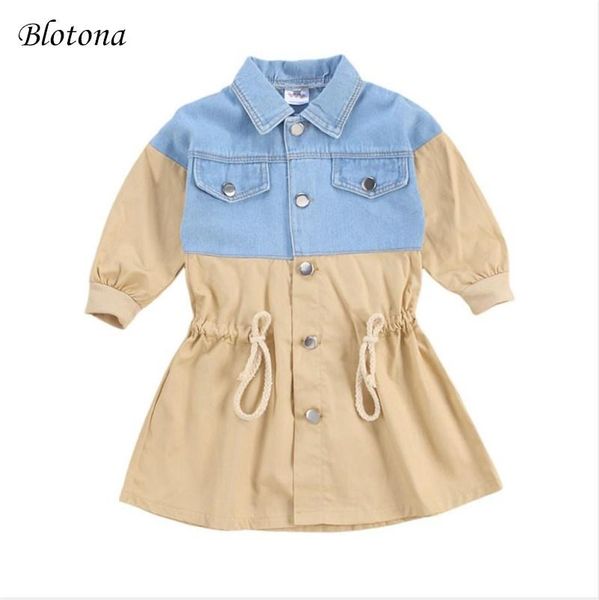 

coat blotona kid baby girl denim patchwork trench autumn fashion long sleeve buttons waist drawstring windbreaker outerwear 1-6y, Blue;gray