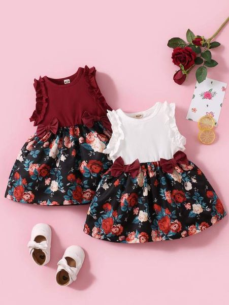 

baby floral ruffle trim bow front 1 dress she, Red;yellow