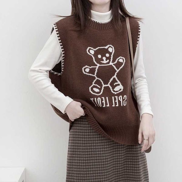 

spring autumn knitted sweater vest cartoon bear women's loose sleeveless o-neck oversized pullover 210607, Black;white