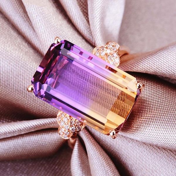 

cluster rings 14k rose gold color gemstones for women citrine amethyst crystal zircon diamonds luxury cocktail party bague jewelry gift, Golden;silver