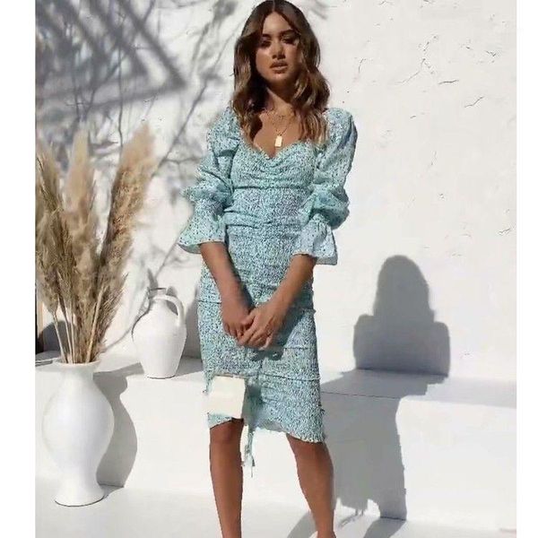 

casual dresses women draw string slim long dress summer autumn elegant streetwear square neck lantern sleeve, Black;gray