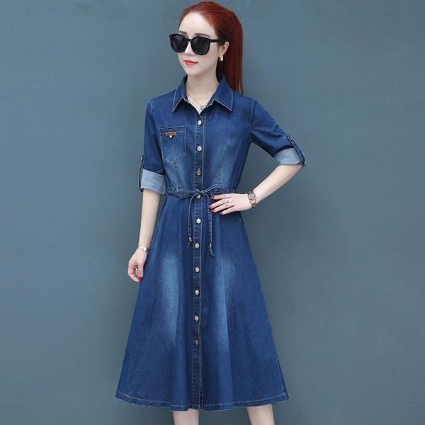 

casual dresses women denim dress spring autumn 2021 fashion long-sleevme buttons adjustable sashes cotton loose mid-length, Black;gray