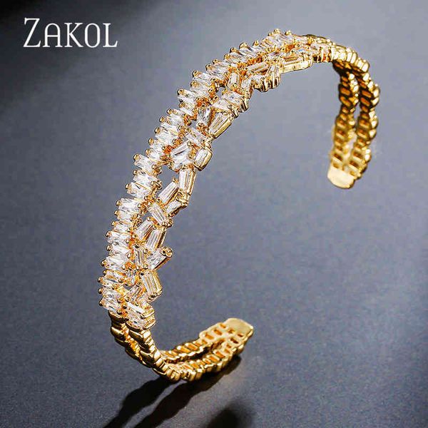 

zakol luxury brand design fashion aaa cubic zircon multi-layered baguette bracelet cuff bangle for women gift jewelry fsbp152, Golden;silver