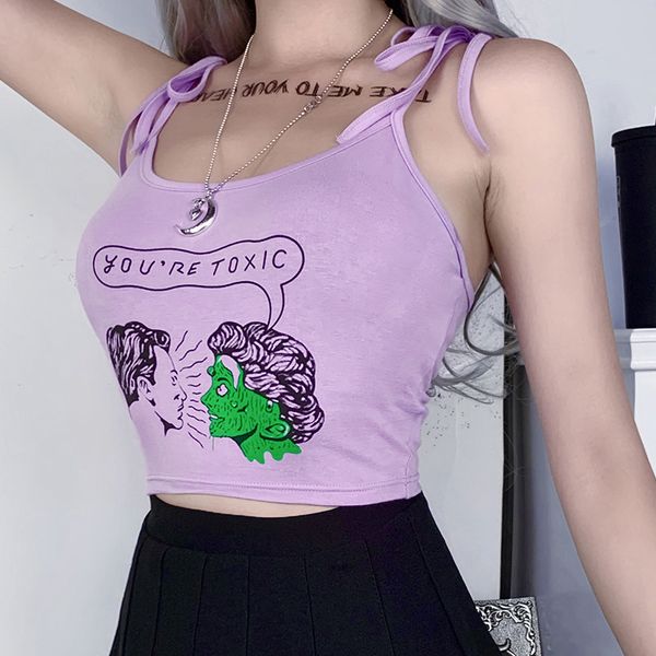 

streetwear bodycon print camis women gothic harajuku lace up slim purple button crop tank summer girls casual top, White
