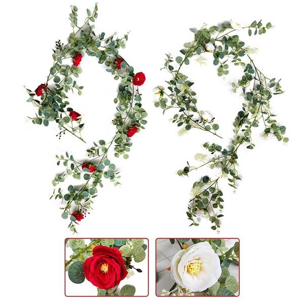 

artificial eucalyptus garland with little camellia faux vines ivy for wedding backdrop arch wall decor