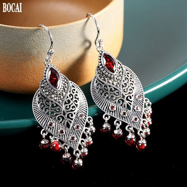 

2021 new real pure s925 sier jewelry distressed and engraved tassel garnet red fashion retro woman earrings bixg, Silver