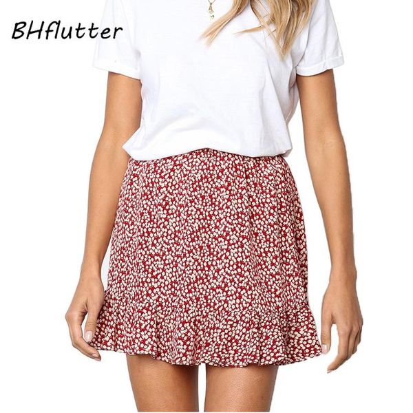 

skirts bhflutter boho beach women ruffles floral print red summer shorts ladies a-line mini faldas mujer moda, Black