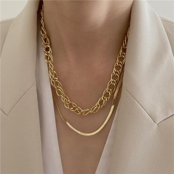 

pendant necklaces retro luxury double layered linked chokers necklace for women femme gold color alloy thin snake chain jewelry, Silver