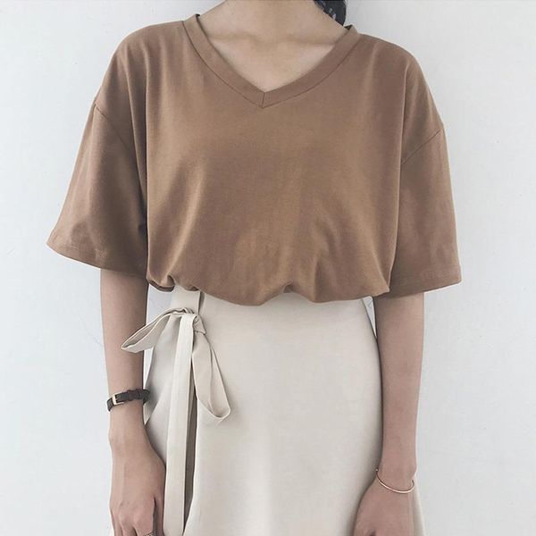 

summer t-shirt women 2021 casual v-neck white loose short-sleeve mid-length female streetwear harajuku silk ladies clothing