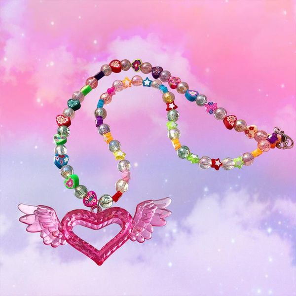 

pendant necklaces y2k jewelry heart star necklace for women resin beads handmade vintage harajuku crystal charms flower 90s aesthetic, Silver