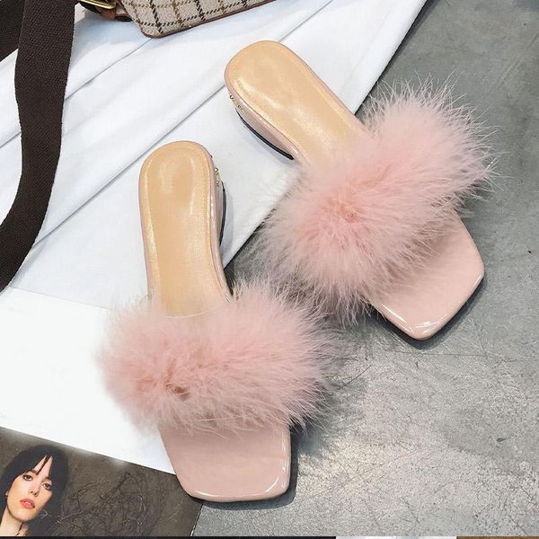 

2021 women women's shoes new summer ladies square toe short plush sandals large size elegant fashion mid heeled slippers, Black