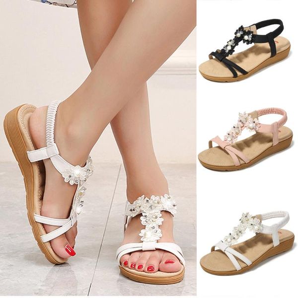 

bohemia womens flats open toe casual shoes woman flower beading elastic band sandals sandalias de verano para mujer#3, Black