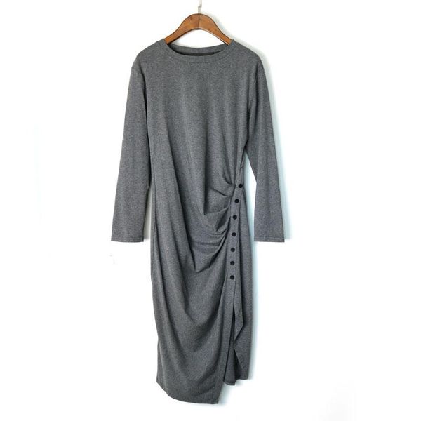 

casual dresses 2021 women fashion solid color irregular pleated button dress female o neck full sleeve vestidos chic, Black;gray