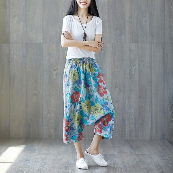 

women's pants & capris women summer thin patter printed harem ladies elastic waist vintage holes printing floral trousers female loose, Black;white