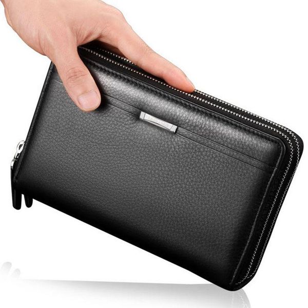 

wallets high capacity men's clutch bag long wallet/ quality pu leather business card holder coin purse/ double zipper phone pocket, Red;black