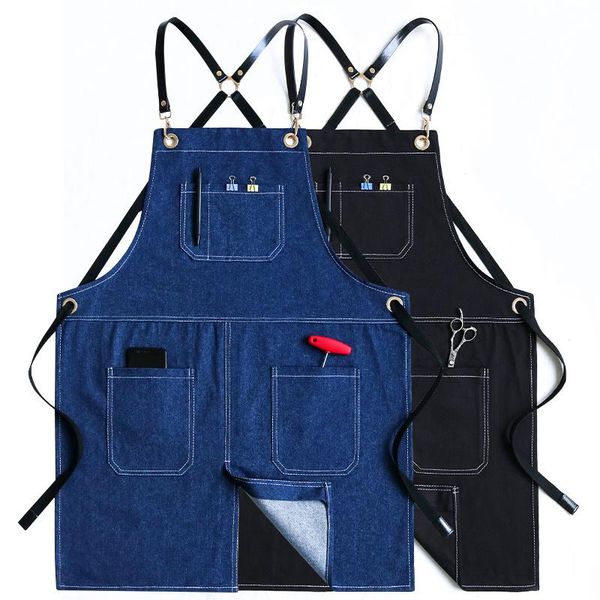 

aprons solid denim cafe shop house cleaning women chef apron master for kitchen accessories homecooking baking pocket pinafore