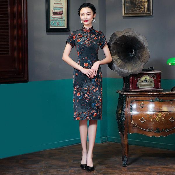 

ethnic clothing lady summer qipao flower high split cheongsams oversize 3xl-4xl chinese dress vintage button formal party vestidos, Red