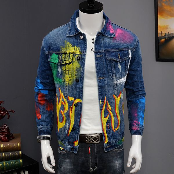 

2021 printed tear denim male jacket streetwear graffiti outerwear casual blue cotton coat d60w, Black;brown