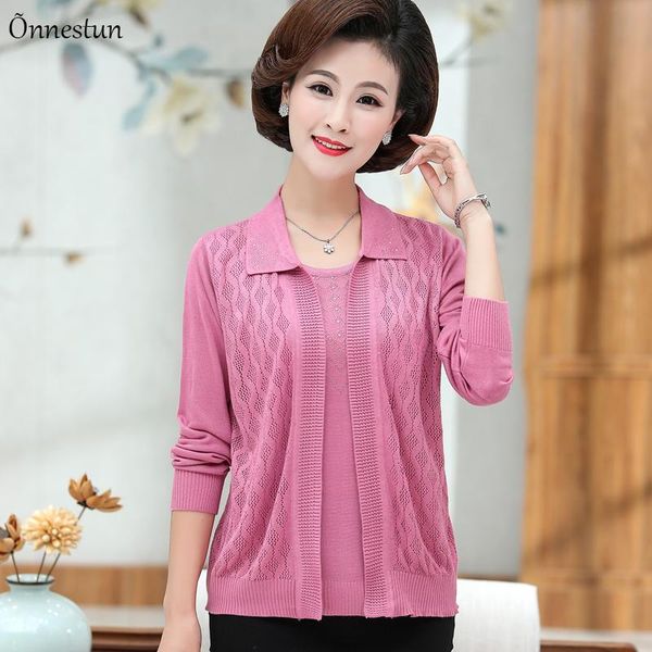 

two pieces sets sweater women autumn long sleeve sweater set shirt + cardigan hollow turn down for women, White