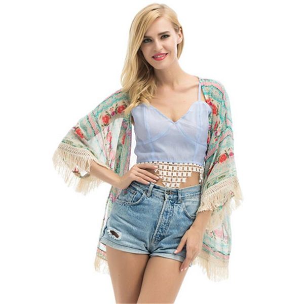 

women's swimwear summer cover up 2021 women hollow chiffon tassel patchwork beachwear floral print bikini robe de plage, White;black