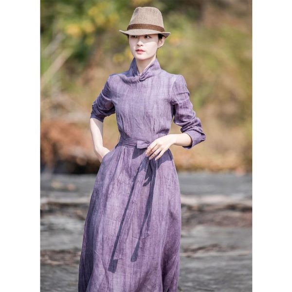

casual dresses art in 2021 linen artistic simple and atmospheric slim purple long dress for women 202105003, Black;gray