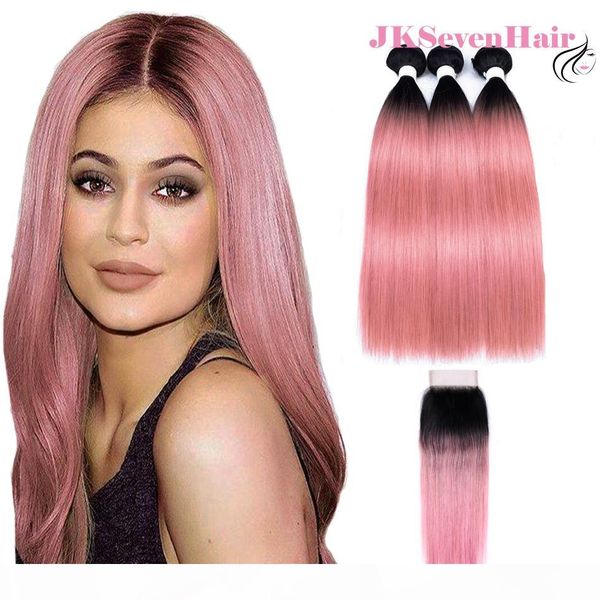 

straight brazilian virgin hair 1b pink 3bundles with 4x4inch lace closure peruvian malaysian indian two tone color pink remy hair wefts, Black