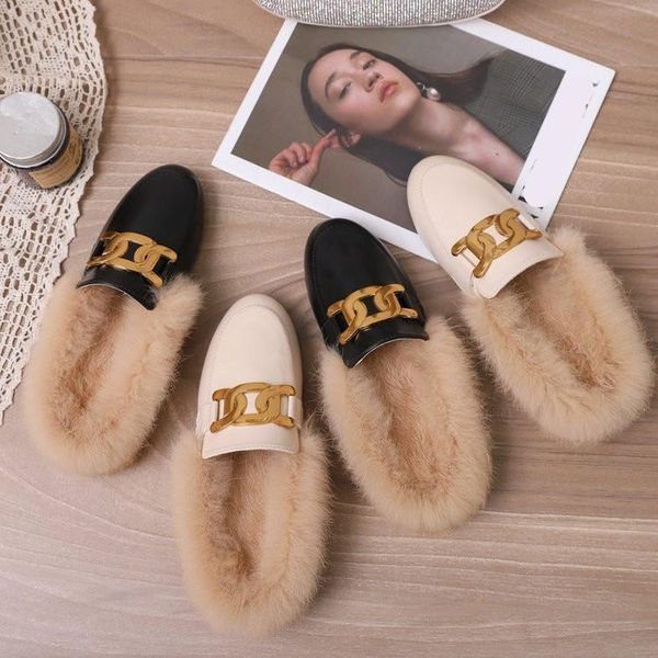 

slippers cover toe mules for women 2021 rivet casual low female shoes fur flip flops slides luxury plush flat pu fashion rub, Black