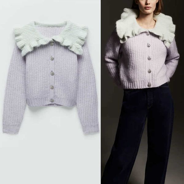 

za ruffle jewel button knit cardigan sweater women long sleeve vintage patchwork knitted female fitted soft sweaters 210602, White