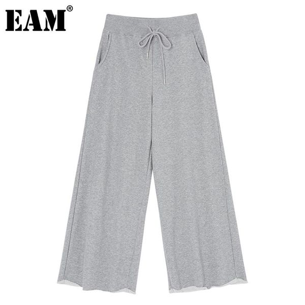 

[eam] high elastic waist gray knitting long wide leg trousers new loose fit pants women fashion tide spring autumn 2021 1db844, Black;white