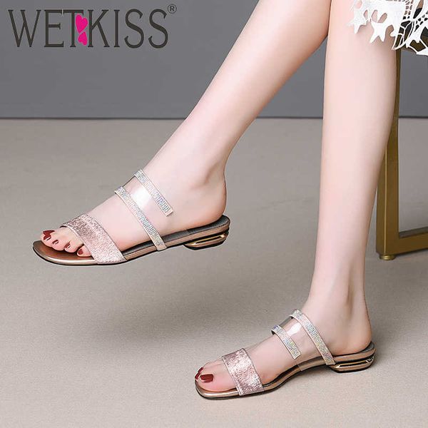 

wetkiss sheepskin slippers women slides shoes crystal transparent pvc mules shoes ladies strange style summer shoes female 210630, Black