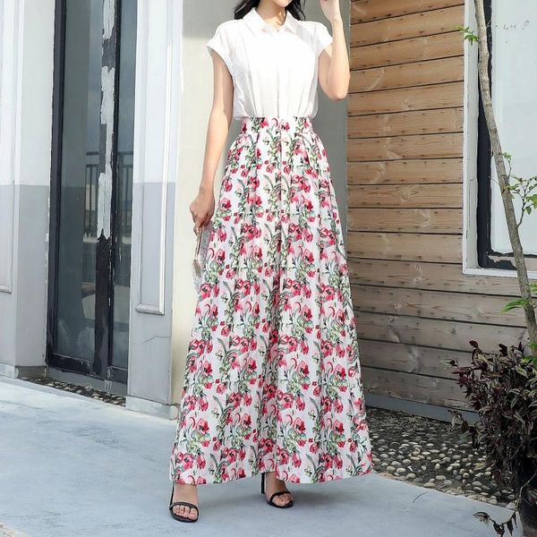 

skirts 2021 elastic stretch waist floor skirt floral pleated empire ankle-length high fashion vintage women, Black