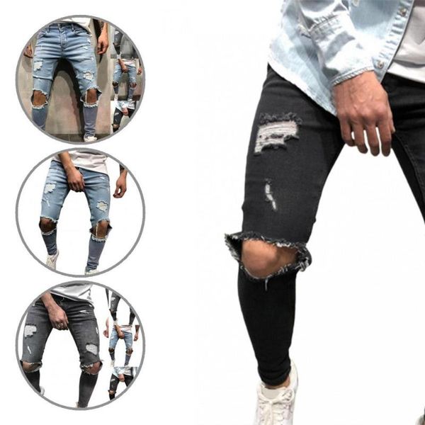 

men's jeans fabulous men ripped plus size cool vintage solid color trousers, Blue