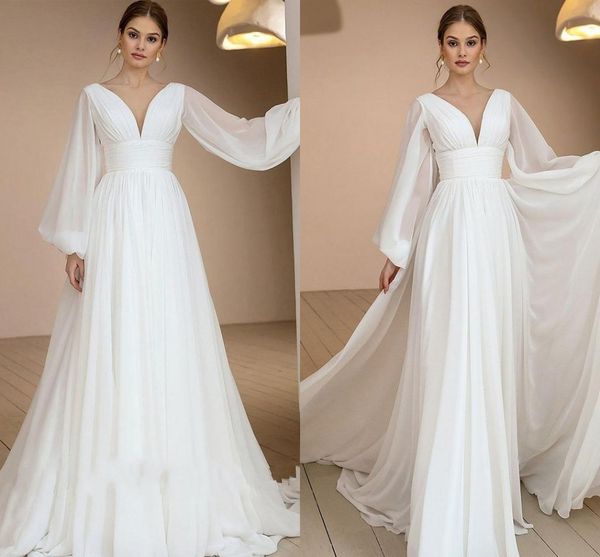 Einfache sexy Puffärmel Chiffon Boho Hochzeitskleid Brautkleider