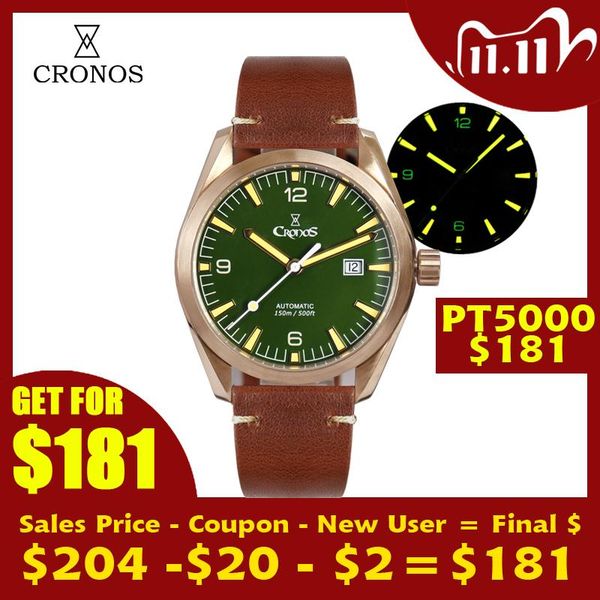 

wristwatches cronos men watch bronze cusn8 automatic pt5000 sapphire crystal leather rubber strap, Slivery;brown
