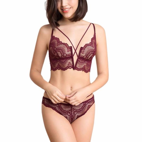 

bras sets women bra lingerie deep v-neck solid color lace thin section no steel ring breathable + underwear set, Red;black