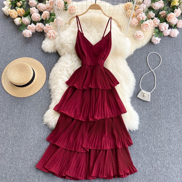 

summer women draped ruffle spaghetti strap dress vacation beach vestidos female elegant high waist slim midi robe 2021 newswimwear bath, Black;gray