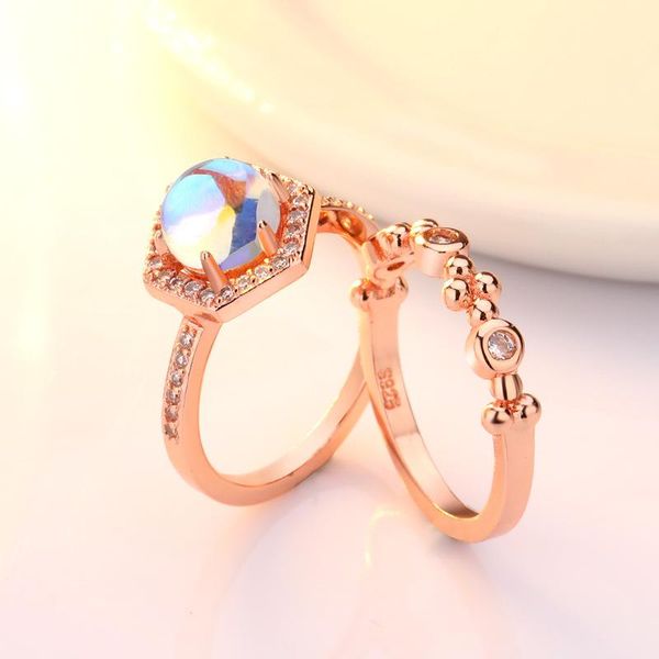 

wedding rings hexagonal moonstone ring set fashion gold and rose engagement retro party female, Slivery;golden