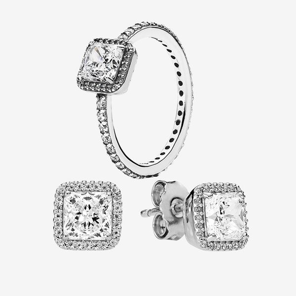 

wedding ring & earring sets authentic 925 silver jewelry for pandora square cz diamond elegant rings stud earrings with original box, Slivery;golden