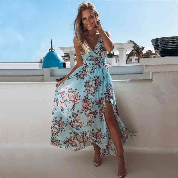 

Womens Boho Floral Maxi Dress Summer Beach Sleeveless V-neck High Waist Slit Long Dress Evening Party Vacation Arrival Sundress, Black;gray