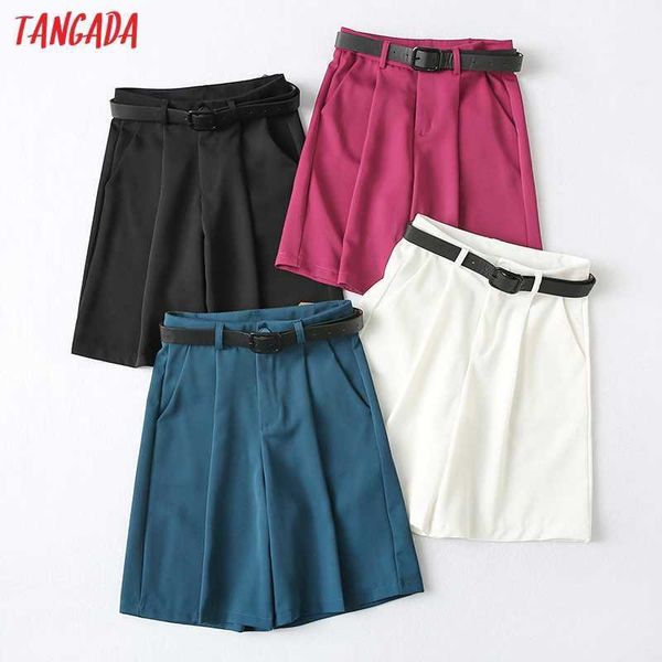 

tangada women elegant high waist belt shorts pockets female office lady shorts pantalones yu17 210611, White;black