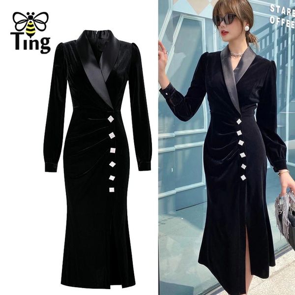 

tingfly vintage elegant notched collar button decor casual black velvet dress retro party dinner split midi long dress vestidos, Black;gray