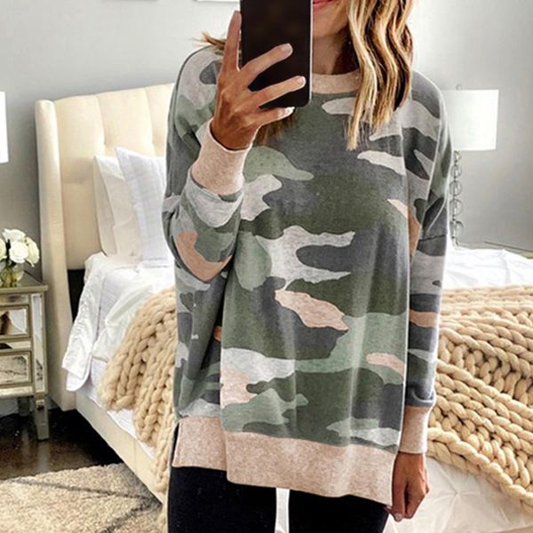 

camouflage t shirt women split hem colorful printing long sleeve tee shirt femme casual women t-shirts camiseta mujer, White